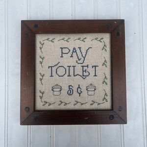 Vintage Pay Toilet 5 Cents Cross Stitch Framed Wall Art Bathroom Decor Humorous